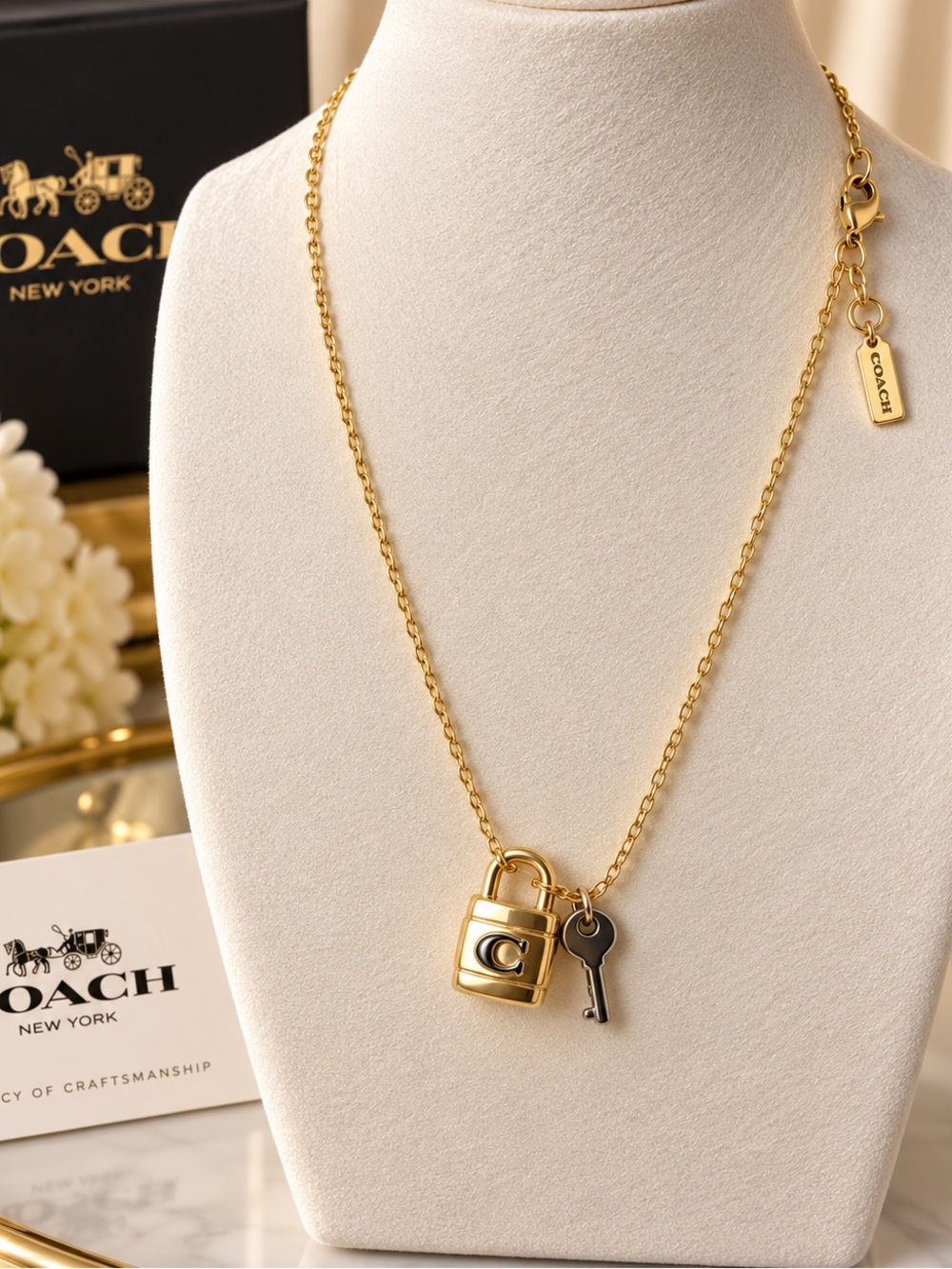 Coach Gold Padlock and Key Pendant Necklace - Gold